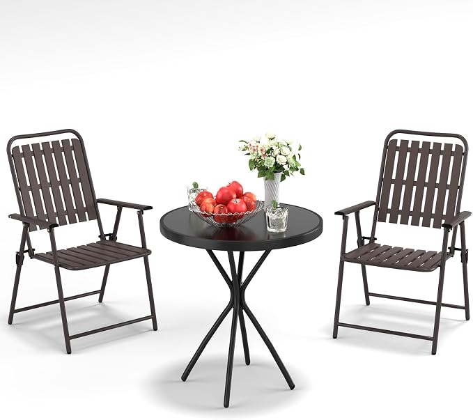3-Piece Folding Bistro Set, Weather-Resistant Outdoor/Indoor Conversation Set with Heavy-Duty Powder-Coated Steel Frame and Tempered Glass Side Table for Patio, Yard, Garden (Brown)