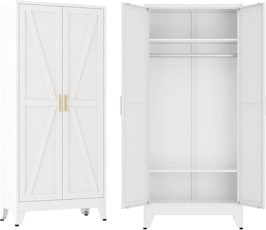 Metal armoire Wardrobe Closet with Hanging Rod,71'' Metal Wardrobe Cabinet with 2 Doors and 2 Adjustable Shelves, Bedroom armoires,Laundry Room cabinets,armario de ropa Closet(Classic, White)