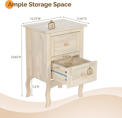 Bonnlo Solid Wood Nightstand Unfinished for Color DIY, Small Night Stand for Bedroom, Natural Wood Nightstand with Drawers, Light Wood Nightstand, Real Wooden Bed Side Table/End Table
