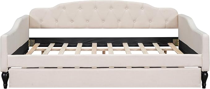 Merax Daybed with Trundle, Full Size Solid Wood Sofa Bed Frame, Upholstered Tufted Daybed for Living Room, Bedroom and Guest Room, Beige