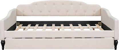 Merax Daybed with Trundle, Full Size Solid Wood Sofa Bed Frame, Upholstered Tufted Daybed for Living Room, Bedroom and Guest Room, Beige