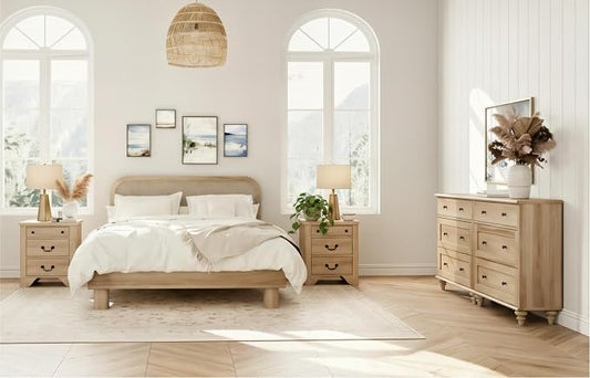 WAMPAT 4 Piece Bedroom Set - Includes Farmhouse 3 Drawer Storage Cabinet, Set of 2 Bedside Tables with Charging Station, Dresser and Nightstand Sets, Oak