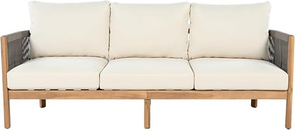 Christopher Knight Home Havets 5 Pieces Outdoor Acacia Furniture Set, Woven Rope Loveseat and Accent Club Chairs, 6" Thick Cushions Sofa and Coffee Table Set for Backyard Garden Balcony, Gray+Beige