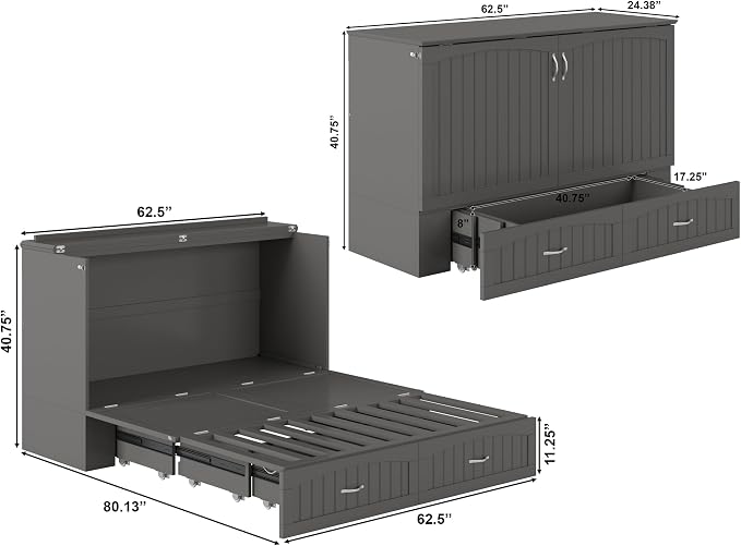 AFI, Southampton Murphy Bed Chest Queen with 6" Mattress, Storage Drawer & Built-in USB Charger, Grey