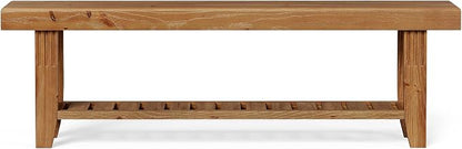 LITTLE TREE 63" Solid Wood Entryway Bench, Rustic Wooden Shoe Bench with Slatted Storage Shelf, Heavy Duty Indoor Bench for Hallway, Bedroom, Living Room, Dining Room