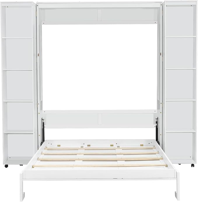 MERITLINE Queen Murphy Bed Cabinet with Storage Bookshelf Bookcase, Wood Hidden Foldable White Murphy Wall Bed with Storage Shelves for Adults