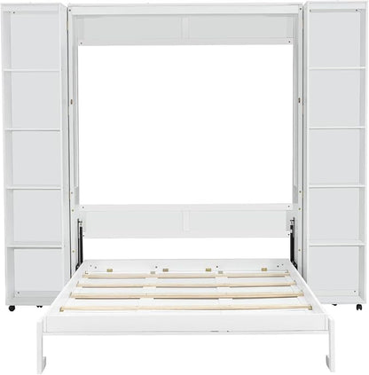 MERITLINE Queen Murphy Bed Cabinet with Storage Bookshelf Bookcase, Wood Hidden Foldable White Murphy Wall Bed with Storage Shelves for Adults