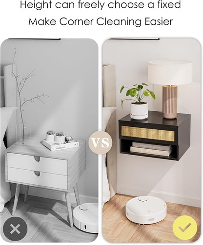 Floating Nightstand With Drawer - Small Modern Shelves for Bedroom, Bathroom (Black Rattan)