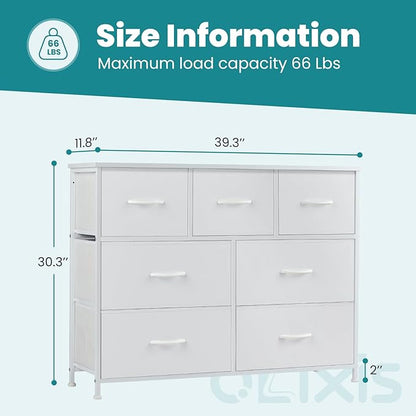 OLIXIS 7 Drawer Closet Organizer Chest, Fabric Storage Tower with Sturdy Steel Frame, Wooden Top & Easy Pull Fabric Bins, Dresser for Bedroom Living Room Entryway Clothes Organization, White