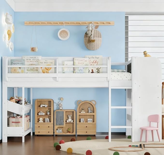 Bellemave Twin Size Low loft Bed with Desk and bookcases, Boxes and Drawers for Kids,Wood Modern Farmhouse Kids Loft Bed with Shelf, White