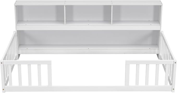 Bellemave Kids Montessori Floor Bed Twin Size, Floor Bed Frame with Bookcase and Shelves for Kids Boys Girls,Twin,White