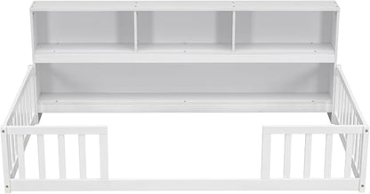 Bellemave Kids Montessori Floor Bed Twin Size, Floor Bed Frame with Bookcase and Shelves for Kids Boys Girls,Twin,White