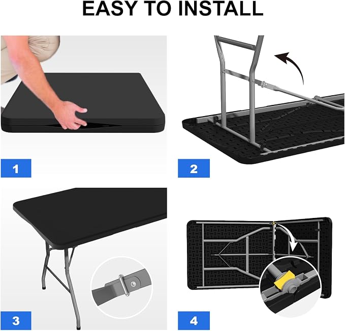 4 Pack Folding Stools with Foldable Table 6ft, Heavy Duty Dining Table and Chairs with Lock Function & Carrying Handle, Portable Indoor/Outdoor Furniture Set for Camping, Picnic, Party Black