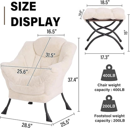 Lazy Chair with Ottoman, Modern Accent Chair Sofa Chair with Armrests, Reading Chair and Folding Footstool for Living Room, Bedroom, Office, Plush Beige