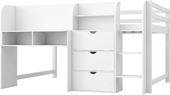 Bellemave Full Size Low loft Bed with Desk, for Kids,Wood Modern Farmhouse Full Loft Bed with Storage Cabinets,Bookcase, No Box Spring Needed, White