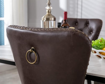 CIMOTA Dark Brown Leather Dining Chairs Set of 2 Mid Century Modern Dining Room Chairs Tufted Upholstered Kitchen Dining Chairs Comfortable Side Chairs with Nailhead Trim/Ring Back (PU Espresso/2PCS)