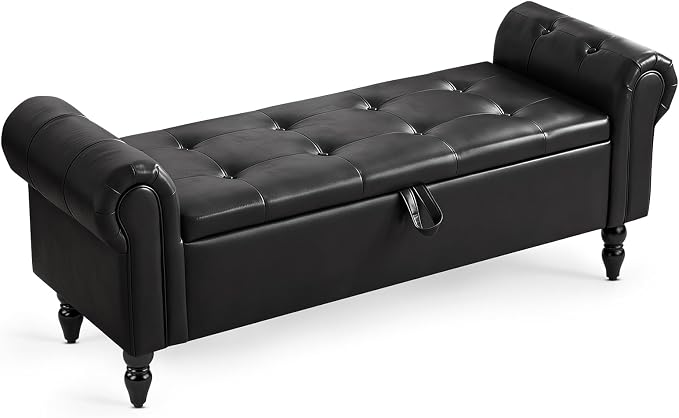 Furniliving 55” End of Bed Bench, Bedroom Bench with Button-Tufted, Large Upholstered Storage Ottoman Entryway Bench with Storage Shoe Cabinet Bench, for Bedroom, PU, Black