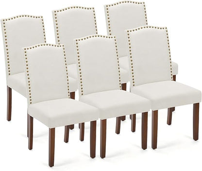 DUMOS Dining Chairs Set of 6, Farmhouse Fabric Upholstered Kitchen Chairs with Wooden Legs and Padded Seat, Modern Accent Chair for Dining Room, Kitchen, Living Room, Restaurant, Beige