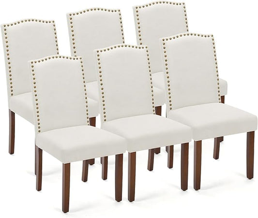 DUMOS Dining Chairs Set of 6, Farmhouse Fabric Upholstered Kitchen Chairs with Wooden Legs and Padded Seat, Modern Accent Chair for Dining Room, Kitchen, Living Room, Restaurant, Beige