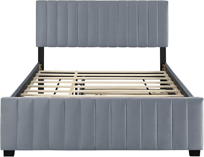 Ball & Cast Queen Bed Frame with Twin XL Size Trundle,Velvet Upholstered Platform Bed Frame Queen Size with Channel Tufted Headboard,Wood Slats Support,No Box Spring Needed,Easy Assembly,Gray