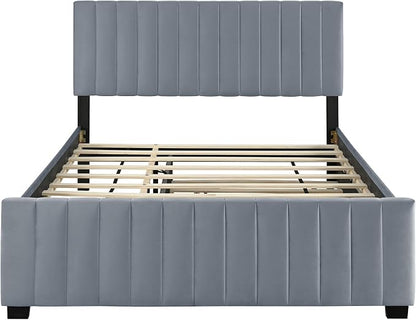 Ball & Cast Queen Bed Frame with Twin XL Size Trundle,Velvet Upholstered Platform Bed Frame Queen Size with Channel Tufted Headboard,Wood Slats Support,No Box Spring Needed,Easy Assembly,Gray