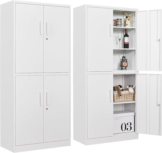 Metal Storage Cabinet with 3 Adjustable Shelves,White Storage Cabinet with Lock,71" Lockable Metal Cabinets with Locking Doors,Tall Steel Pantry Cabinets 4 Door for Home,Office,Garage,Bathroom,Kitchen