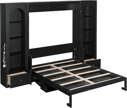 MERITLINE Queen Murphy Bed with Desk and Storage & LED Light, Solid Wood Hideaway Murphy Wall Bed with Storage Shelves Bookcase and Drawers for Adults Bedroom Office Library (Queen,Black)