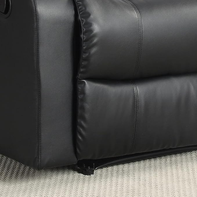 Warren 35.5" Manual Pull-Handle Recliner, Traditional Overstuffed, Pocket Coil Comfort, Black Metal Base Legs, Soft Vegan Leather Fabric, Black
