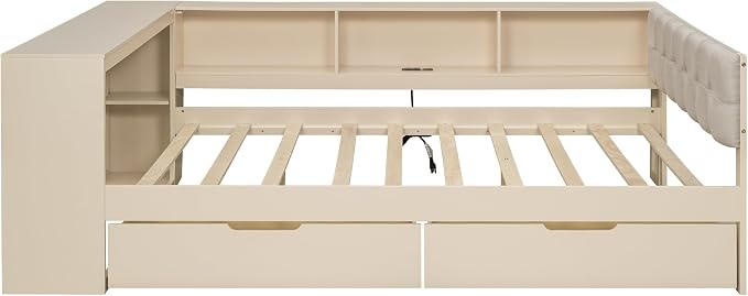 Bellemave Full Size Corner Bed Frame with Storage Shelves and Desk, Wood Full Daybed with Bookcase and Drawers and Upholstered Headboard, Cream