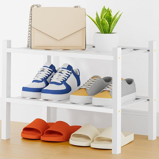 Smiry Small Bamboo Shoe Rack, 2 Tier Free Standing Wooden Shoe Organizer, Stackable Wood Shoe Storage Shelf for Closet, Entryway, 14 Vertical Slats, One-piece Heavy-Duty Legs, 17.3"x11"x13", White