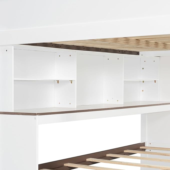 Wood Bunk Bed Full Over Full Size with Storage Staircase and Shelves, Bunk Beds Frame with Trundle and LED for Kids Teens, Space-Saving (White-12.15)