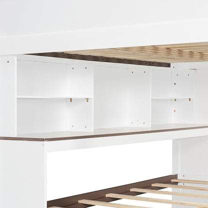Wood Bunk Bed Full Over Full Size with Storage Staircase and Shelves, Bunk Beds Frame with Trundle and LED for Kids Teens, Space-Saving (White-12.15)