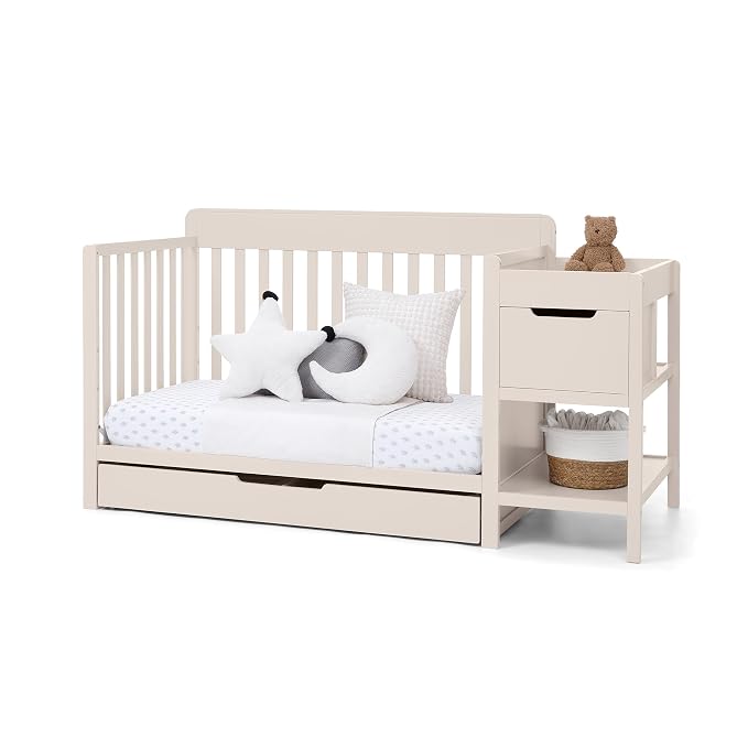 Delta Children Maya 5-in-1 Convertible Crib and Changer with Storage, Converts to Toddler Bed, Daybed, Sofa & Full Bed, Greenguard Gold Certified, 3 Mattress Heights for Baby, Soft Beige