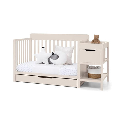 Delta Children Maya 5-in-1 Convertible Crib and Changer with Storage, Converts to Toddler Bed, Daybed, Sofa & Full Bed, Greenguard Gold Certified, 3 Mattress Heights for Baby, Soft Beige