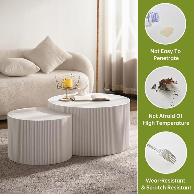 Round Nesting Coffee Table Modern White Fluted Coffee Table Set of 2 Stripe Cream Round Coffee Tables Drum Crescent Side Table Accent End Table for Living Room (White A Large)