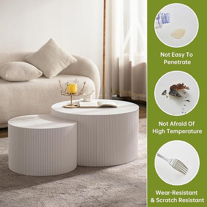 Round Nesting Coffee Table Modern White Fluted Coffee Table Set of 2 Stripe Cream Round Coffee Tables Drum Crescent Side Table Accent End Table for Living Room (White A Large)