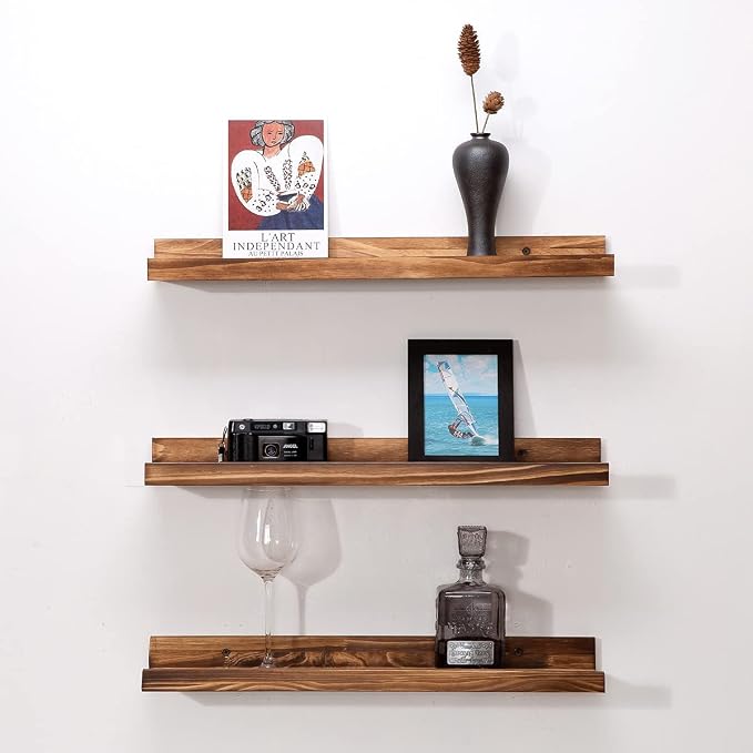 MBYD 24 Inch Picture Ledge Shelf Set of 3, Rustic Torched Wood Floating Shelves for Bedroom Living Room Kitchen Wall Decor, Carbonized Finish Display Nursery Bookshelf for Photos, Books, and Art
