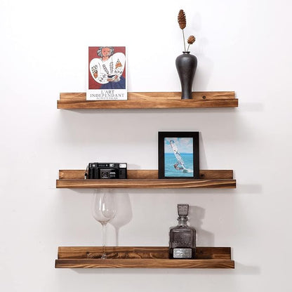 MBYD 24 Inch Picture Ledge Shelf Set of 3, Rustic Torched Wood Floating Shelves for Bedroom Living Room Kitchen Wall Decor, Carbonized Finish Display Nursery Bookshelf for Photos, Books, and Art
