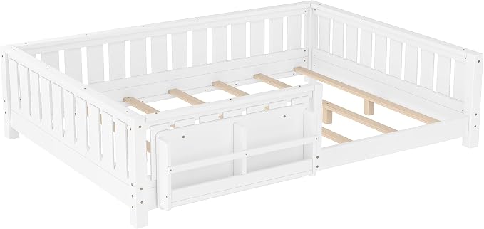 Bellemave White Montessori Floor Bed with Fence and Slats, Queen Size Montessori Floor Bed with Bookcase and High Rails, Easy Assemble Bed Frame for Girls, Boys, Queen