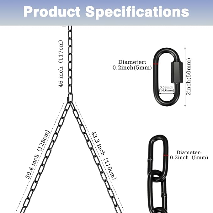 Heavy Duty Porch Swing Hanging Chain Kit (2 Pack) 1500 Lbs Capacity, up to 8 ft Length- Rustproof Zinc-Plated, 6 Quick Links & 2 Y-Chain Assemblies(Black)
