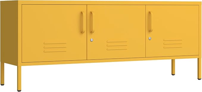 3 Door TV Standwith Storage Locke Metal TV Cabinet with 2-Tier Multi-Purpose Lockable Wide Storage Cabinet, Media Console Table with Metal Legs for Living Room, Bedroom,Office,Yellow