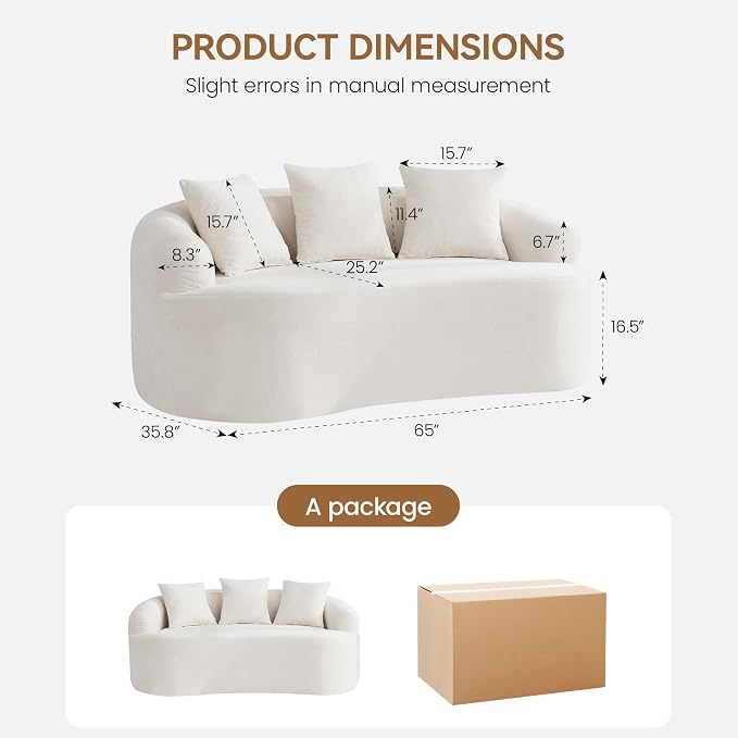 65" Boneless Loveseat Sofa Couch, Modern Comfy Curved Cloud Sofa, Chenille Deep Seat Love Seat Couches for Living Room, No Assembly, Beige