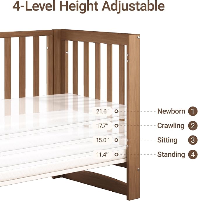 MAMAZING EvoNest 6-in-1 Convertible Baby Mini Crib with Wheels, GREENGUARD Gold Certified, 4 Adjustable Mattress Heights, 100% New Zealand Pine Wood, Portable Crib for Small Spaces, Walnut Brown