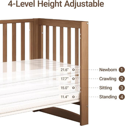 MAMAZING EvoNest 6-in-1 Convertible Baby Mini Crib with Wheels, GREENGUARD Gold Certified, 4 Adjustable Mattress Heights, 100% New Zealand Pine Wood, Portable Crib for Small Spaces, Walnut Brown