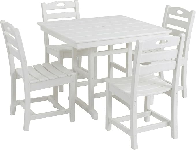 Elountik Outdoor Dining Set for 4, 5-Piece White HDPE Patio Furniture with Square Table and Chairs, Umbrella Hole