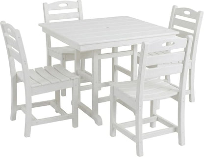 Elountik Outdoor Dining Set for 4, 5-Piece White HDPE Patio Furniture with Square Table and Chairs, Umbrella Hole