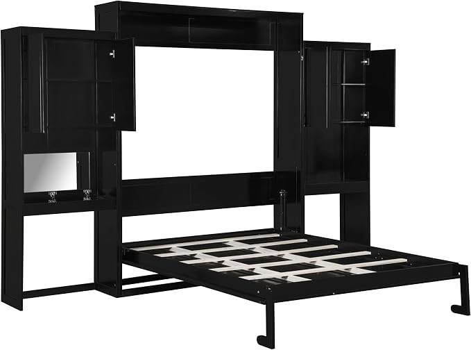 Ball & Cast Murphy Bed Queen Bed Frame with Headboard,Hideaway Bedframe w/Vanity and Cabinets,Wood Wall Cabinet,Slat Support,can be Folded,No Box Spring Needed,for Small Room,Espresso
