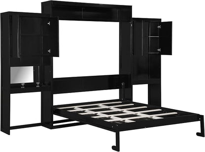 Ball & Cast Murphy Bed Queen Bed Frame with Headboard,Hideaway Bedframe w/Vanity and Cabinets,Wood Wall Cabinet,Slat Support,can be Folded,No Box Spring Needed,for Small Room,Espresso