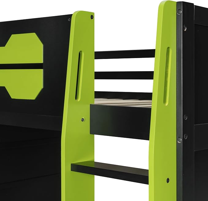 Merax Full Size Loft Bed with Desk, Multi-Storage Shelves and RGB Light | Space-Saving Wooden Gaming Bed Frame with Charging Station and Guardrail