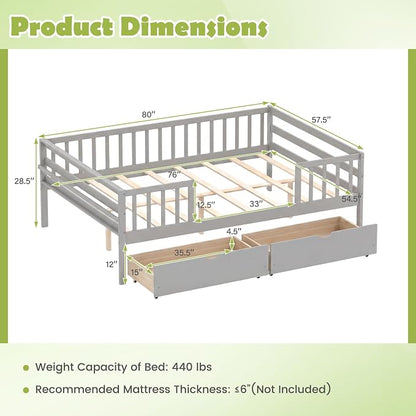 Giantex Full Kids Bed with Storage Drawers, Wood Montessori Bed with Rails & Side Shelf, Low Daybed Bed Frame for Boys Girls, No Box Spring Needed (Grey)